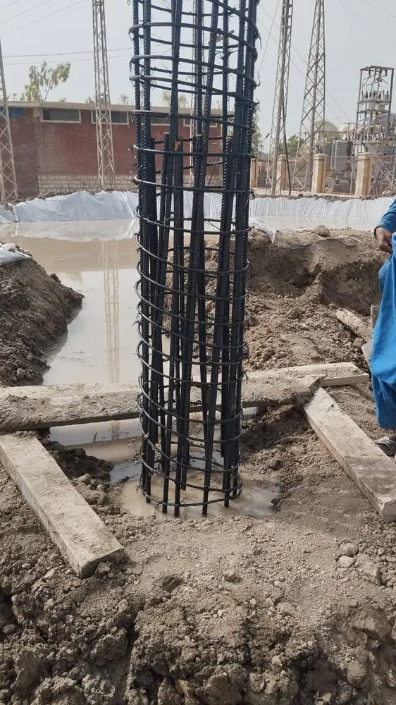 Pile reinforcement cage standing in a bore next to the switchyard